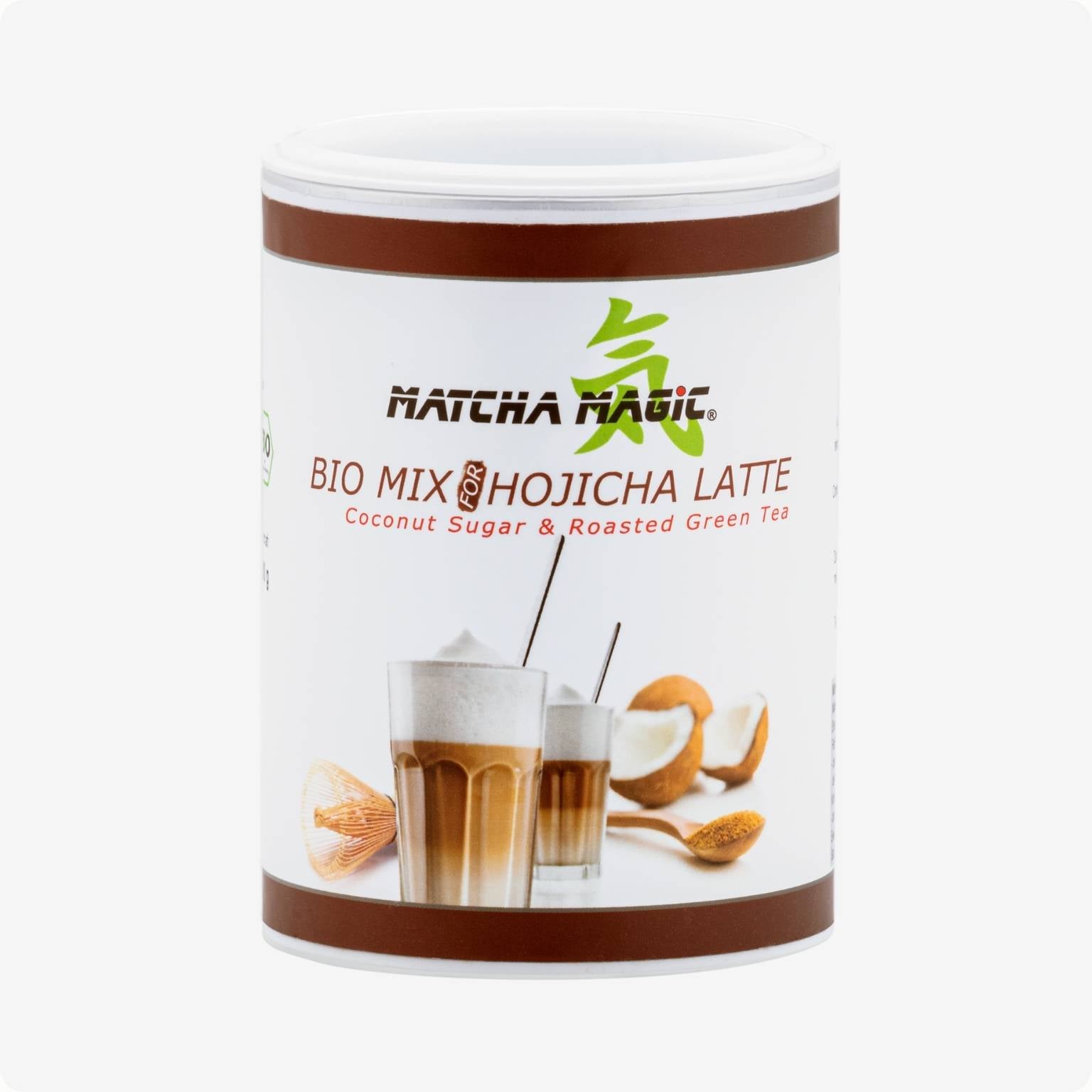 Hojicha Latte Mix Pulver mit Hojicha und Kokosblütenzucker in 200g Dose von Hojichamagic