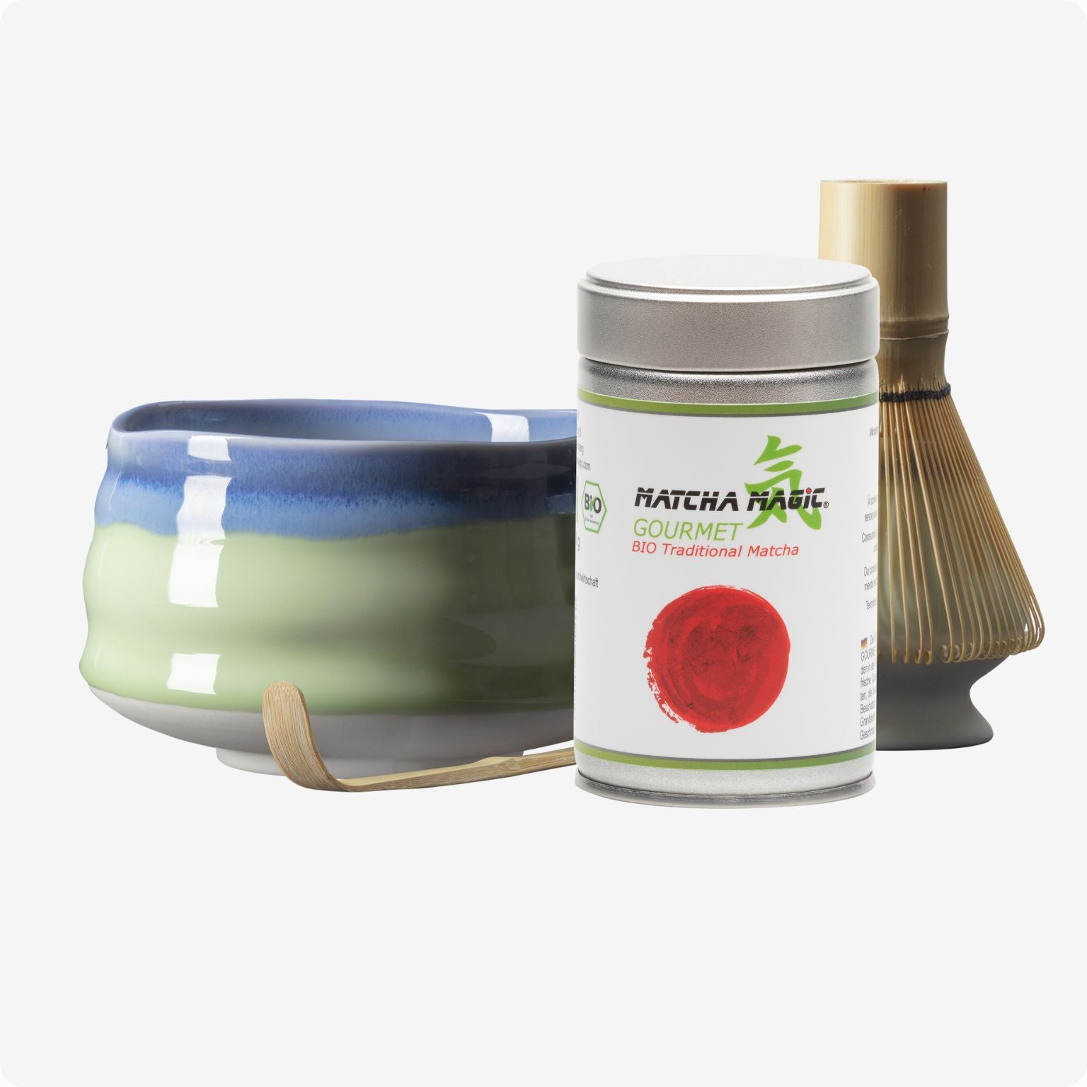 Matcha Set Ao mit Matcha Schale, Besenhalter, Matcha Bambusbesen, Matcha Bambuslöffel und 80g Bio Matcha