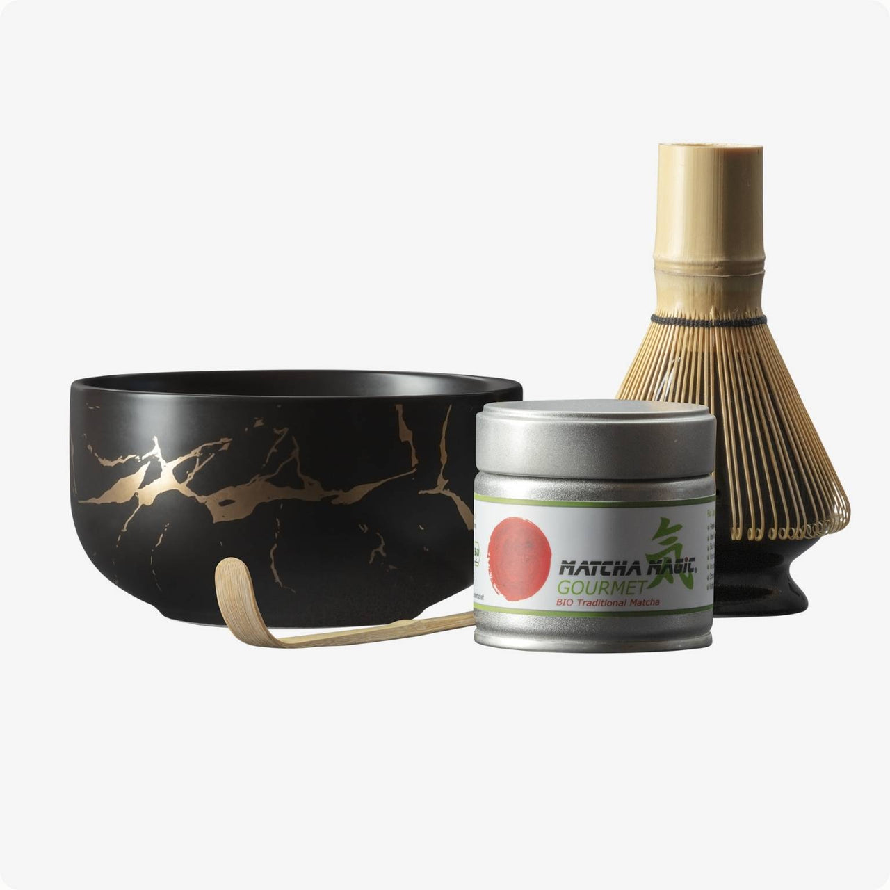 Matcha Set Kiniro mit Matcha Schale, Besenhalter, Matcha Bambusbesen, Matcha Bambuslöffel und 30g Bio Matcha