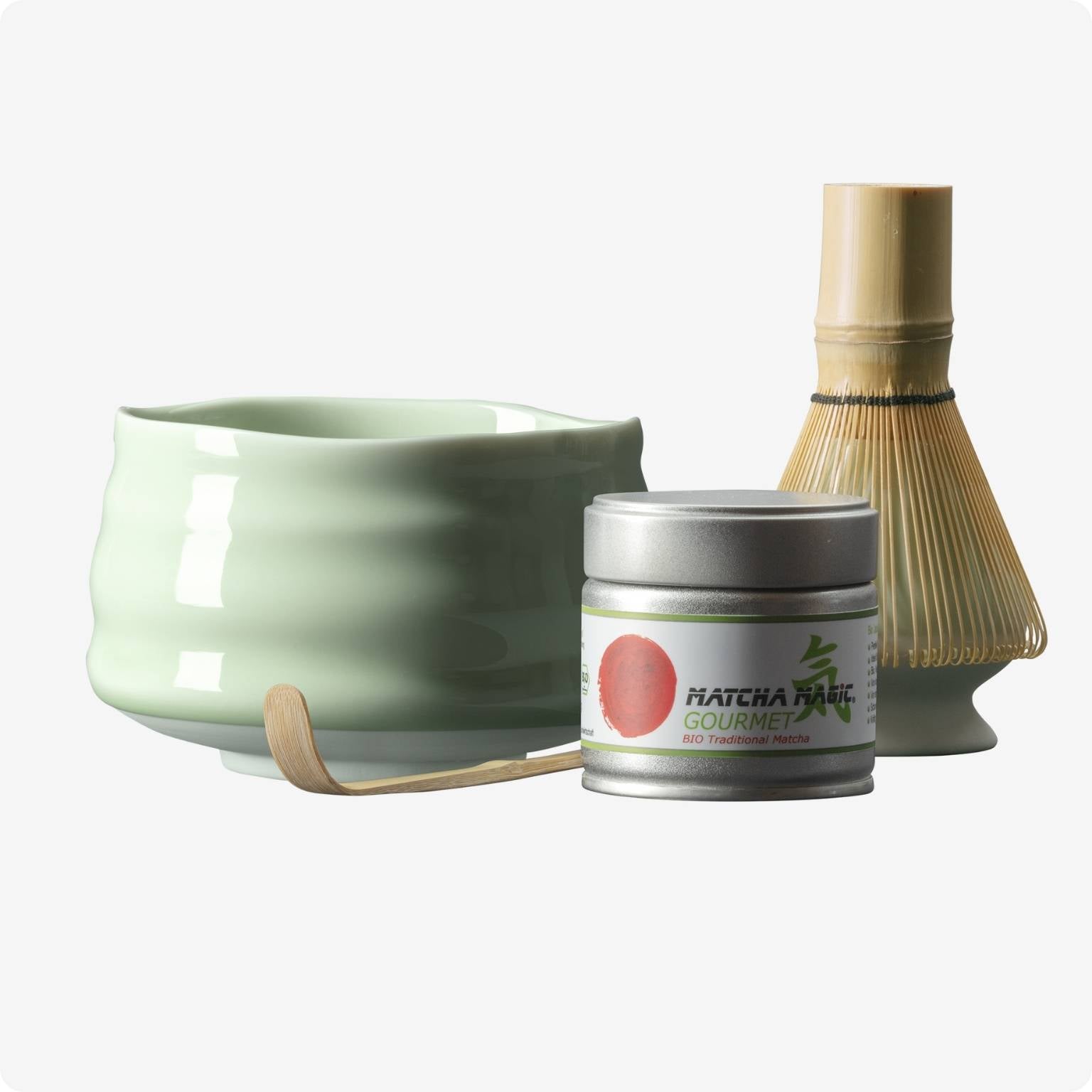 Matcha Set Raimurio mit Matcha Schale, Besenhalter, Matcha Bambusbesen, Matcha Bambuslöffel und 30g Bio Matcha