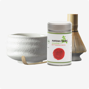 Matcha Set shiro mit Matcha Schale, Besenhalter, Matcha Bambusbesen, Matcha Bambuslöffel und 80g Bio Matcha